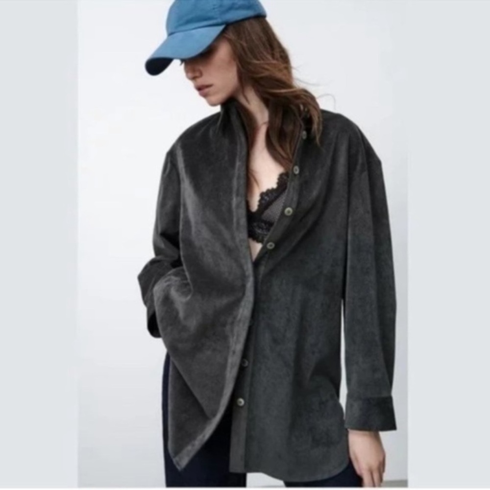 ZARA button down gray Corduroy oversized shirt size M